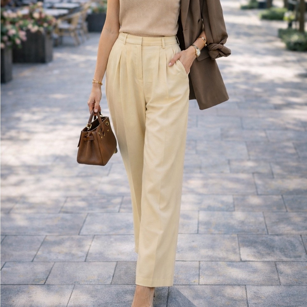 Tory Burch Cream Wide Leg Pleated Pants